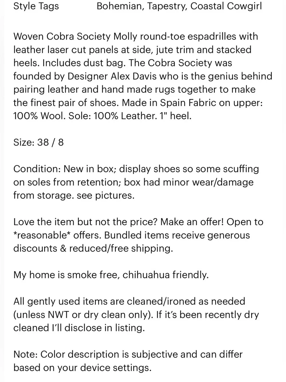 NWOB Cobra Society Women Wool & Leather Laser Cut Tapestry Espadrilles Size 7